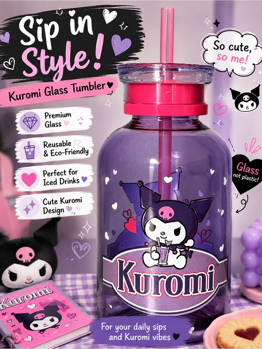 🖤 Sanrio Kuromi Glass Tumbler w/ Lid & Straw – Kawaii Drinkware